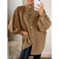 Women Pleated Puff Sleeve Solid Color Buttons Loose Casual Shirts