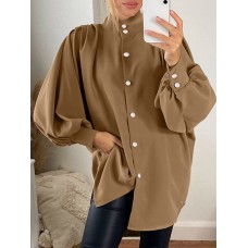 Women Pleated Puff Sleeve Solid Color Buttons Loose Casual Shirts