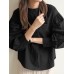 Women Puff Sleeve Solid Color Elastic Waist Buttons Lapel Three Quarter Sleeve Blouses