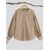 Women Puff Sleeve Solid Color Elastic Waist Buttons Lapel Three Quarter Sleeve Blouses