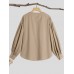 Women Puff Sleeve Solid Color Elastic Waist Buttons Lapel Three Quarter Sleeve Blouses