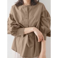 Women Puff Sleeve Solid Color Elastic Waist Buttons Lapel Three Quarter Sleeve Blouses