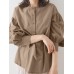 Women Puff Sleeve Solid Color Elastic Waist Buttons Lapel Three Quarter Sleeve Blouses