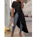 Women Short Sleeve Crew Neck Long Shirts Asymmetric Hem Casual Blouse