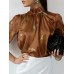 Women Tiger Print Pleated Satin Casual Long Sleeve Blouses