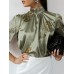 Women Tiger Print Pleated Satin Casual Long Sleeve Blouses