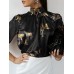 Women Tiger Print Pleated Satin Casual Long Sleeve Blouses