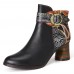 Ankle Buckle Strap Decor Retro Floral Printed Splicing Leather Comfy Chunky Heel Ankle Boots