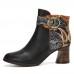 Ankle Buckle Strap Decor Retro Floral Printed Splicing Leather Comfy Chunky Heel Ankle Boots