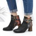 Ankle Buckle Strap Decor Retro Floral Printed Splicing Leather Comfy Chunky Heel Ankle Boots