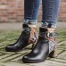 Ankle Buckle Strap Decor Retro Floral Printed Splicing Leather Comfy Chunky Heel Ankle Boots