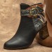 Ankle Buckle Strap Decor Retro Floral Printed Splicing Leather Comfy Chunky Heel Ankle Boots