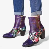 Ladies Splicing Floral Pattern Round Toe Warm Lined Zipper Mid-calf Chelsea Boots