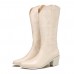 Plus Size Retro Women Floral Chunky Heel Mid-calf Cowboy Boots