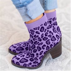 Plus Size Women Breathable Knitted Fabric Leopard Chunky Heel Short Boots