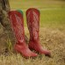 Plus Size Women Retro Red Pointed Toe Embroidered Chunky Heel Zipper Cowboy Boots