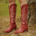 Plus Size Women Retro Red Pointed Toe Embroidered Chunky Heel Zipper Cowboy Boots