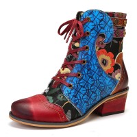  Women Embossing Pattern Stitching Genuine Leather Comfy Ankle Boots