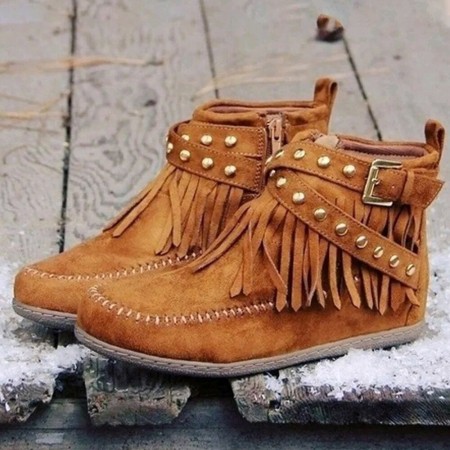 Women Large Size Suede Tassel Metal Buckle Flat Ankle Boots