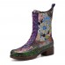 Women Retro Floral Embroidery Printing Leather Comfy Chunky Heels Mid-calf Boots