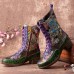 Women Retro Floral Embroidery Printing Leather Comfy Chunky Heels Mid-calf Boots