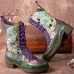 Women Retro Floral Embroidery Printing Leather Comfy Chunky Heels Mid-calf Boots