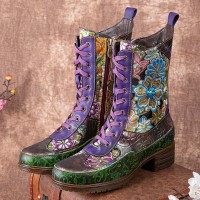 Women Retro Floral Embroidery Printing Leather Comfy Chunky Heels Mid-calf Boots